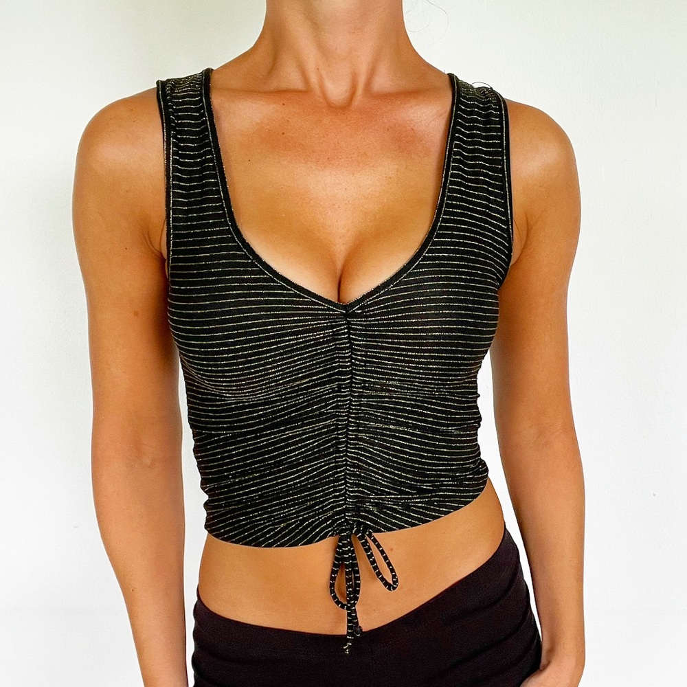 Electrica black cinched v-neck gold sparkle tank top size small